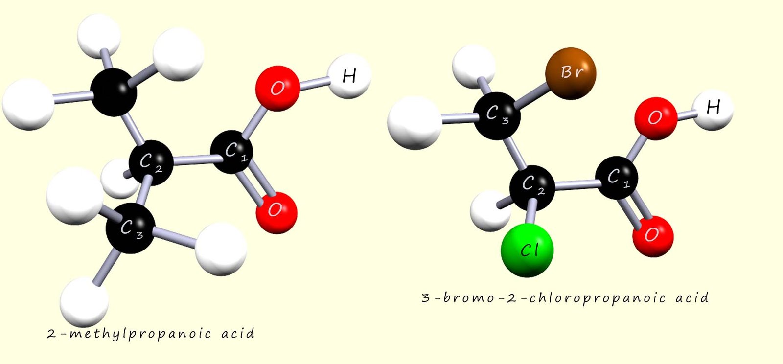 3d models of two substutiuted carboxylic acids and how to name them.